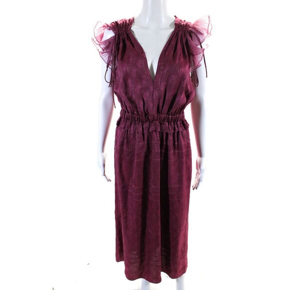 Isabel Marant Dresses & Skirts - Isabel Marant Metallic Satin Ruffled V-Neck A-Line Maxi Dress Raspberry Size 36